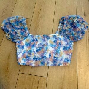 Le Lis Blue and Pink Puff Sleeve Crop Blouse